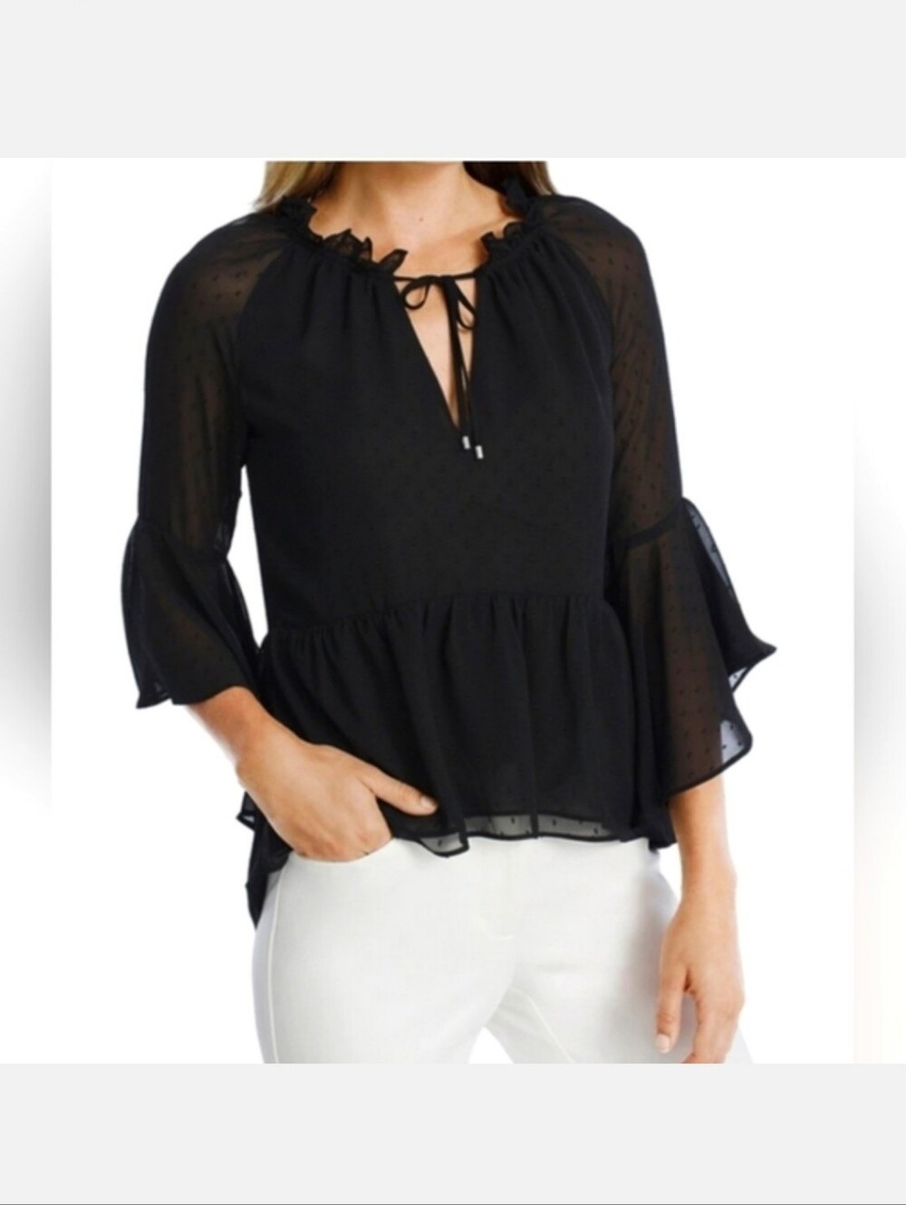 White House Black Market Black Swiss Dot Blouse, Size 8